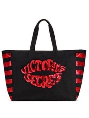 VICTORIA's SECRET 👄 RED 👄 SEQUIN BLACK CANVAS LARGE WEEKENDER TOTE BAG🌟NWOT🌟